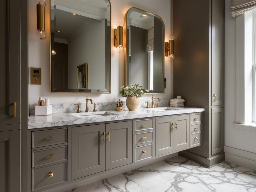High-end bathroom vanity area featuring a marble-topped double vanity with touchless faucets, an integrated wellness station with smart features, built-in aromatherapy dispensers, ambient lighting, and modern cabinetry in warm gray with brushed gold hardware, captured from a low angle with a wide-angle lens.