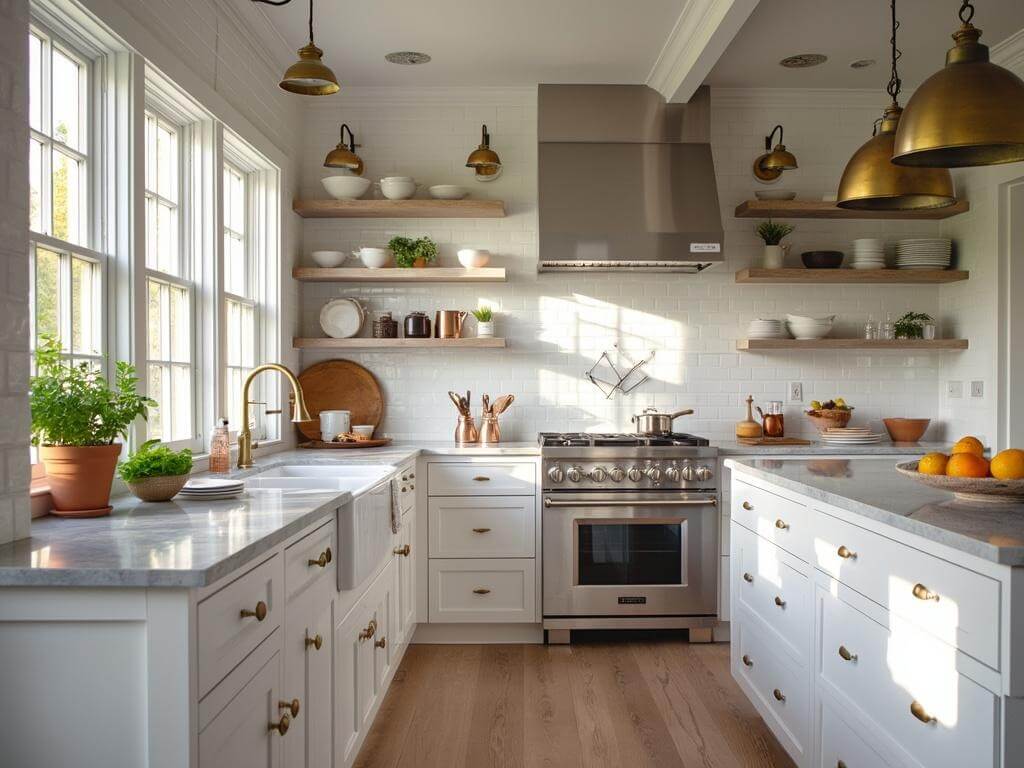 "Bright, modern farmhouse kitchen with white cabinetry, gray quartz-topped island, stainless steel appliances, and stylized decor."