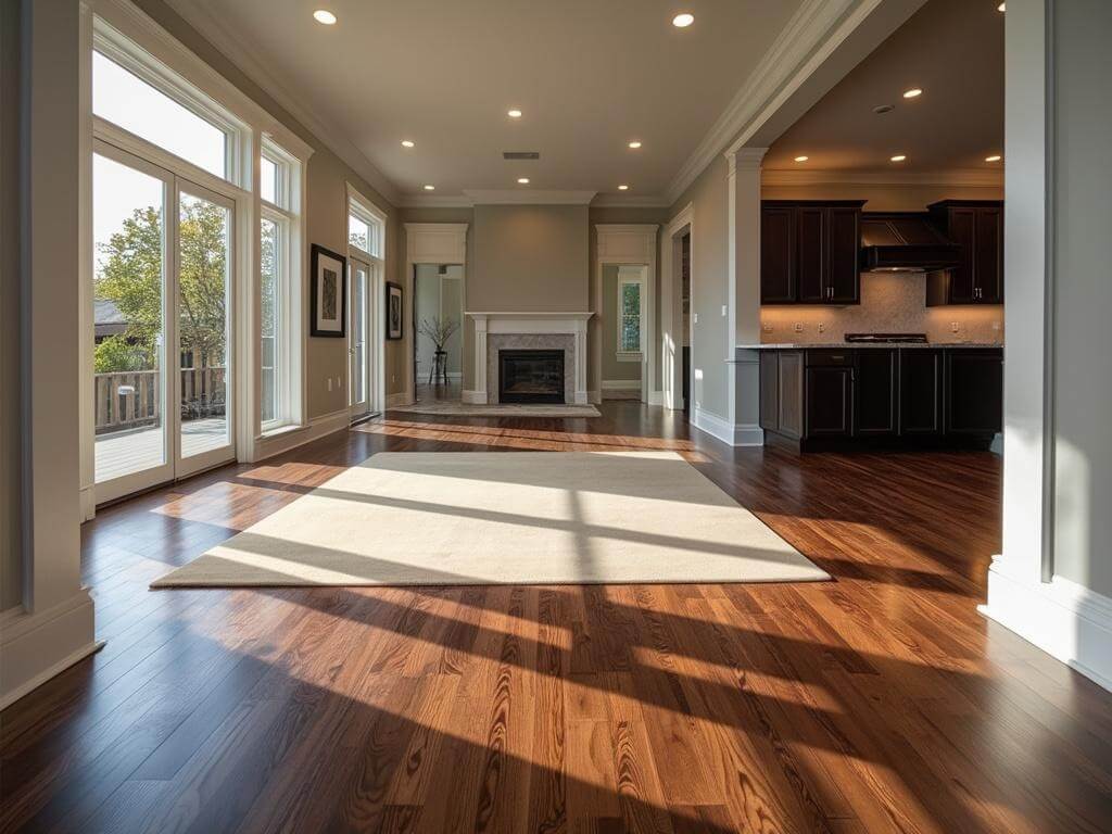 "Wide-angle shot of a luxurious living room with dark walnut hardwood flooring, natural light, and modern decor, captured with professional interior lighting."