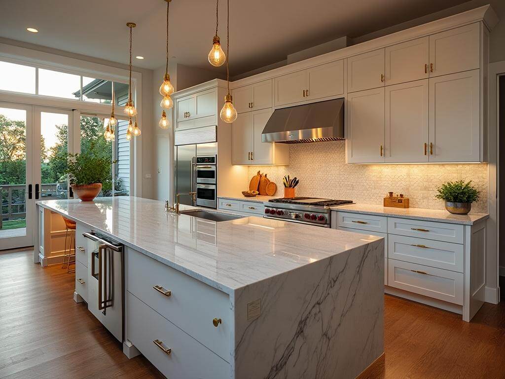 "Luxurious modern kitchen with white shaker cabinets, quartzite island, stainless appliances, and professional styling under soft, warm lighting."