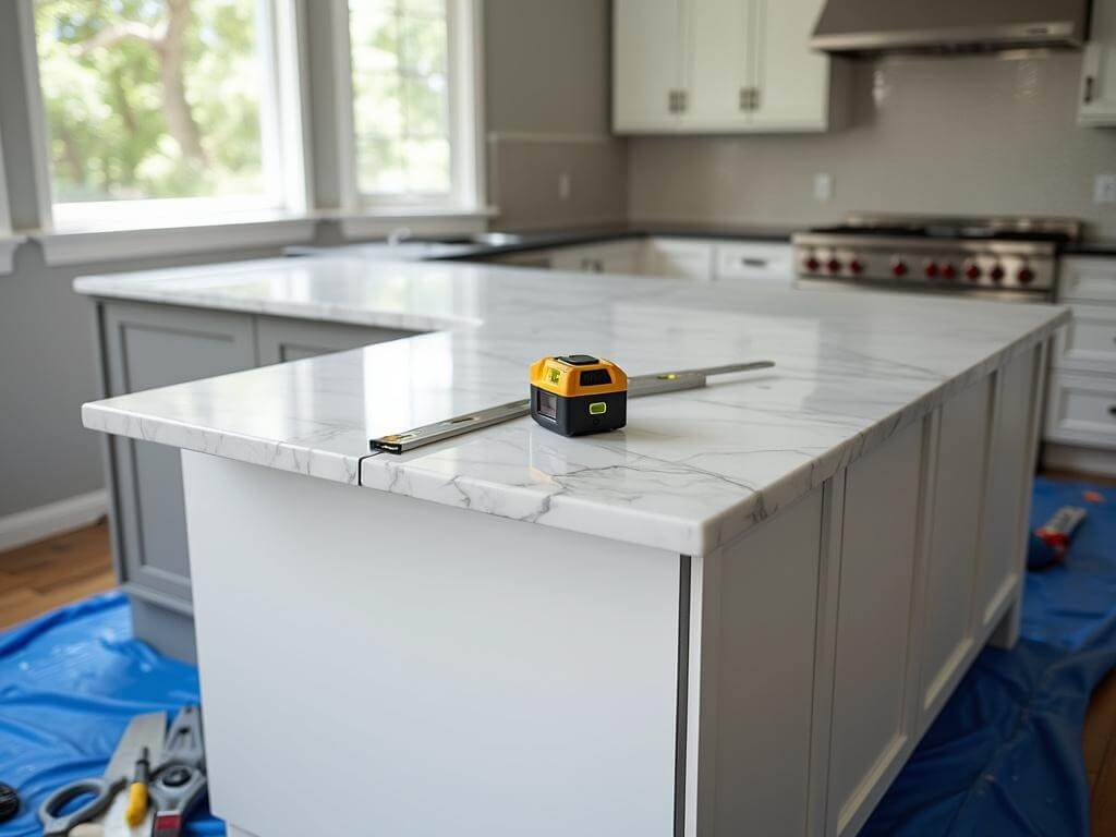"Professional installation of a L-shaped quartz countertop in a modern kitchen, shot from an elevated angle with focus on the precise seam detail and fabricator's tools on a blue mat."