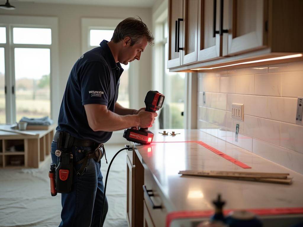 Professional technician using a laser tool to scan newly installed white oak cabinets in a kitchen under renovation in Allen, Texas, focus on tool and countertop edge.