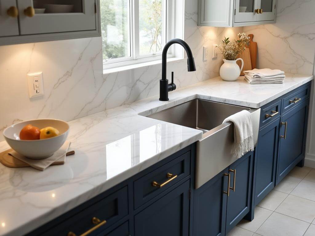Luxury kitchen with white quartz countertop and gold veining, navy blue cabinetry with brass hardware, and farmhouse-style apron sink under warm lighting.