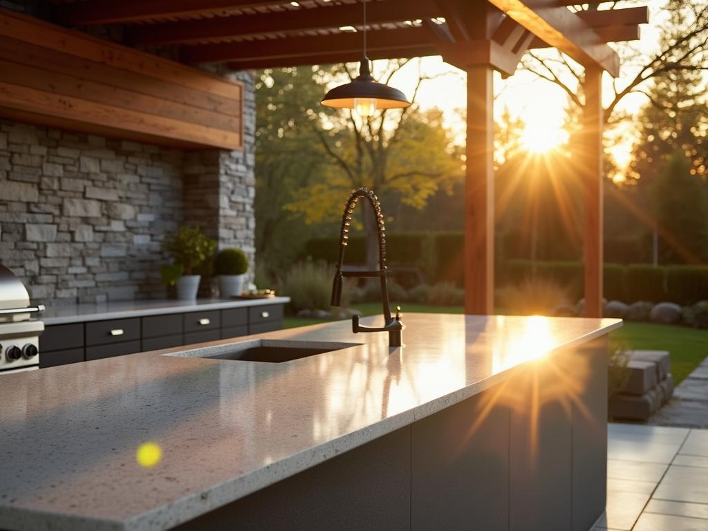 Modern outdoor kitchen with UV-discolored quartz countertop under golden hour sunlight, featuring stone backsplash, stainless steel appliances, and cedar pergola shadows.