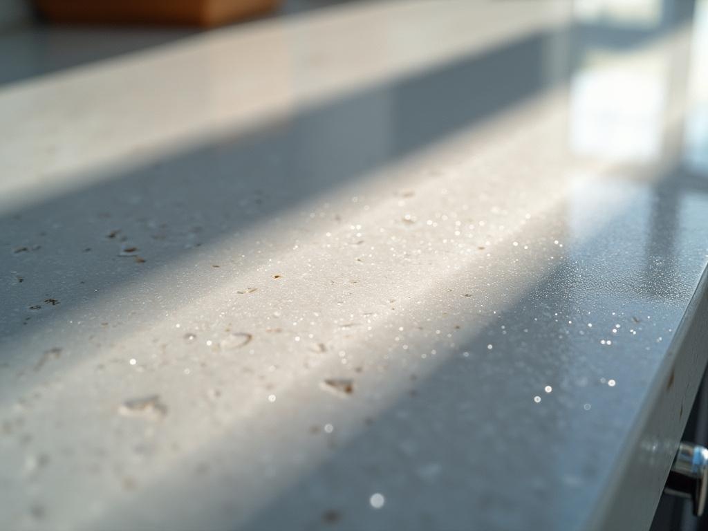 Closeup shot of a sparkling white quartz countertop under natural kitchen light, showcasing its intricate crystalline patterns and smooth texture.