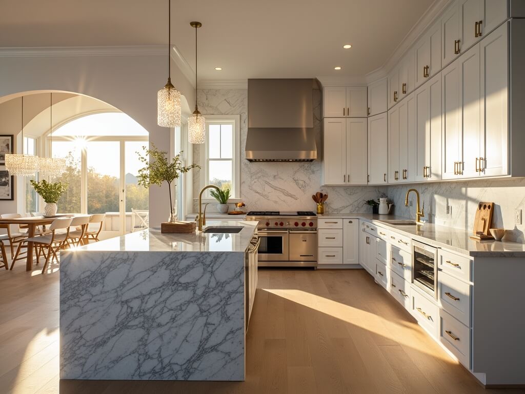 "Bright, modern kitchen with white cabinets, grey granite island, stainless steel range, wooden flooring, and adjacent dining area during golden hour."