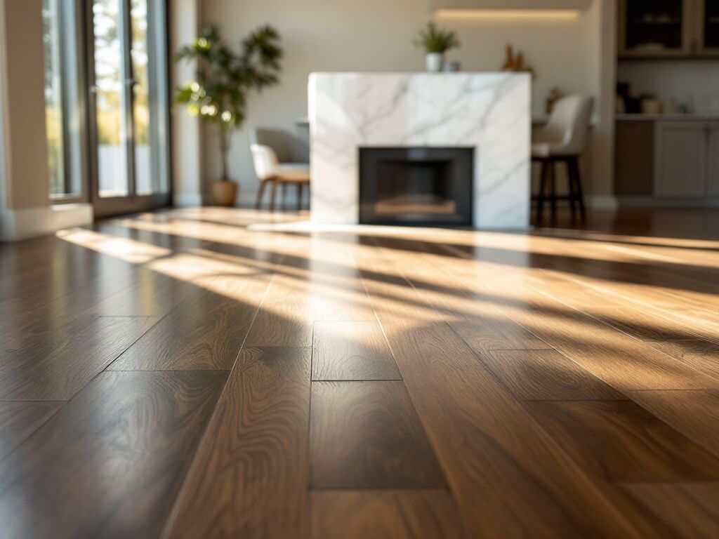 "Modern hardwood floor in a sunlit living room in McKinney, TX, highlighting the grain patterns and satin finish of the wood, with a softly defocused kitchen island in the background."