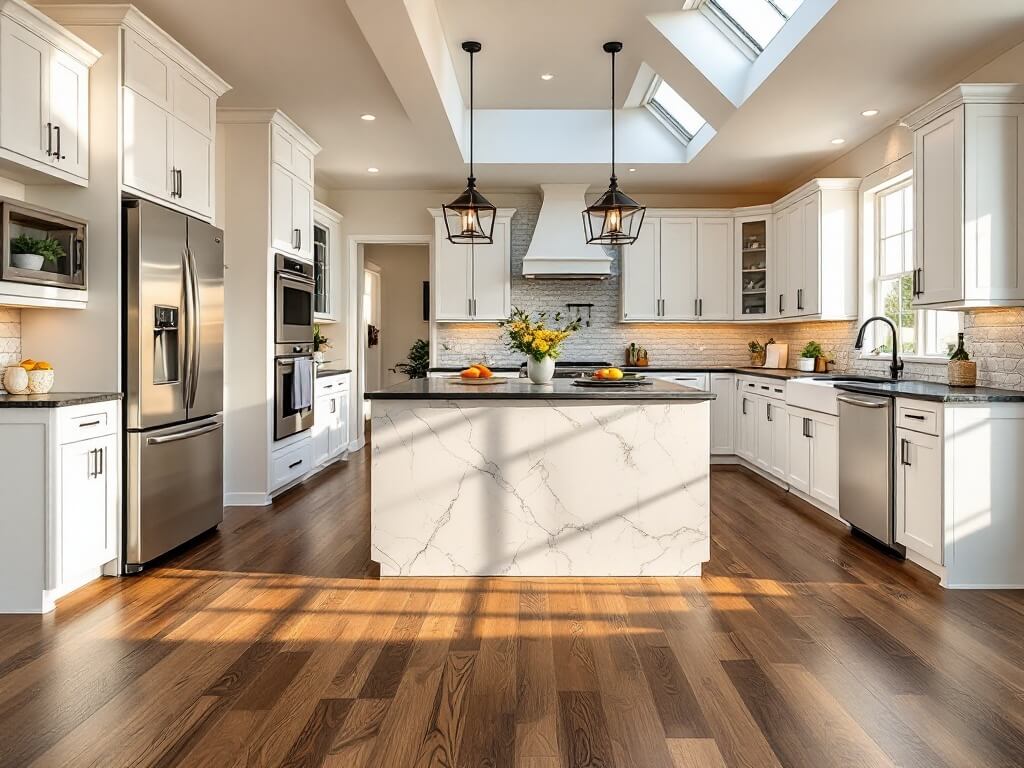 Luxury renovated kitchen in Stonebridge Ranch, McKinney with walnut hardwood floors, Brazilian quartzite island, white cabinetry, and warm under-cabinet lighting in ambient afternoon light.