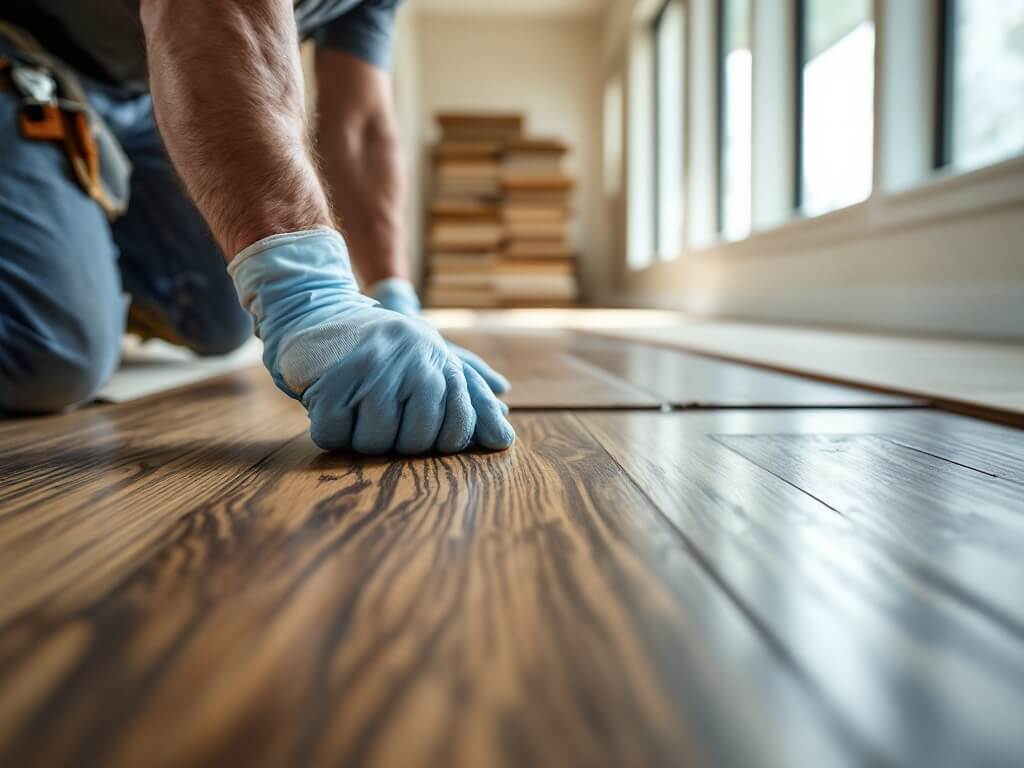 Professional installing premium engineered hardwood flooring over concrete subfloor in a modern home in McKinney, Texas, shot with a shallow depth of field on a Canon EOS R5.