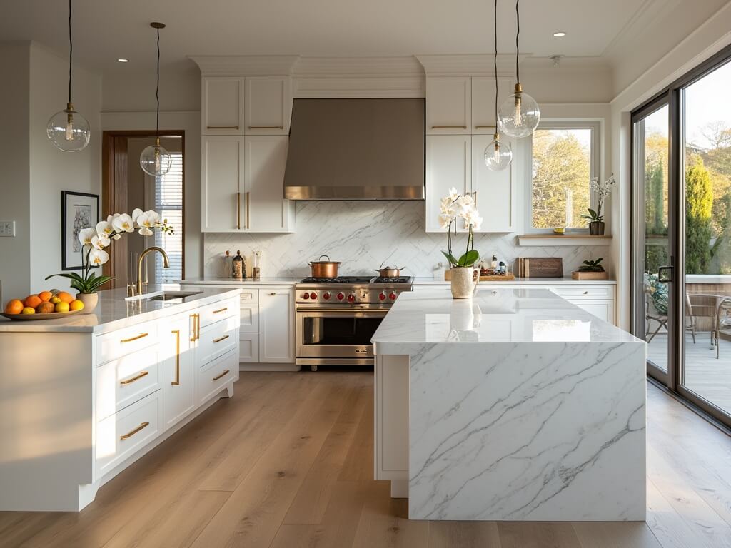 "Luxurious modern kitchen with white quartz island, custom cabinets, professional-grade appliances, and natural lighting enhanced by professional studio setup."