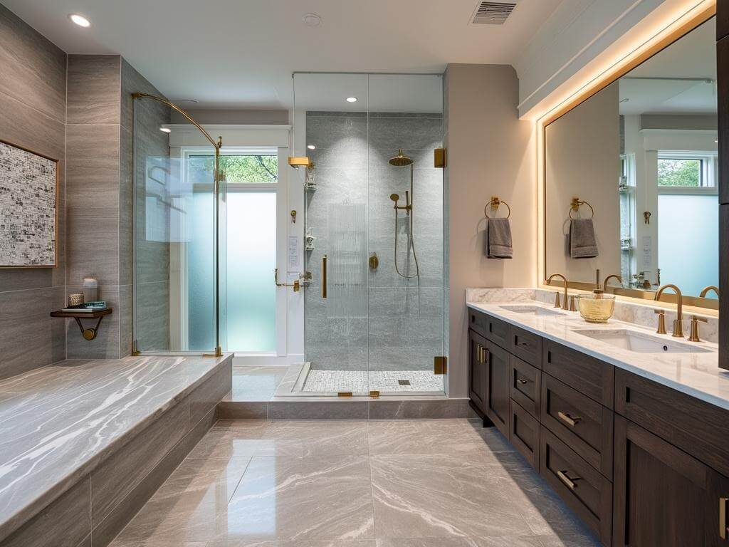 "Luxurious modern bathroom interior with quartz countertops, dark wood cabinetry, porcelain tiles, walk-in shower, and dual-sink vanity, lit by natural and artificial lighting."