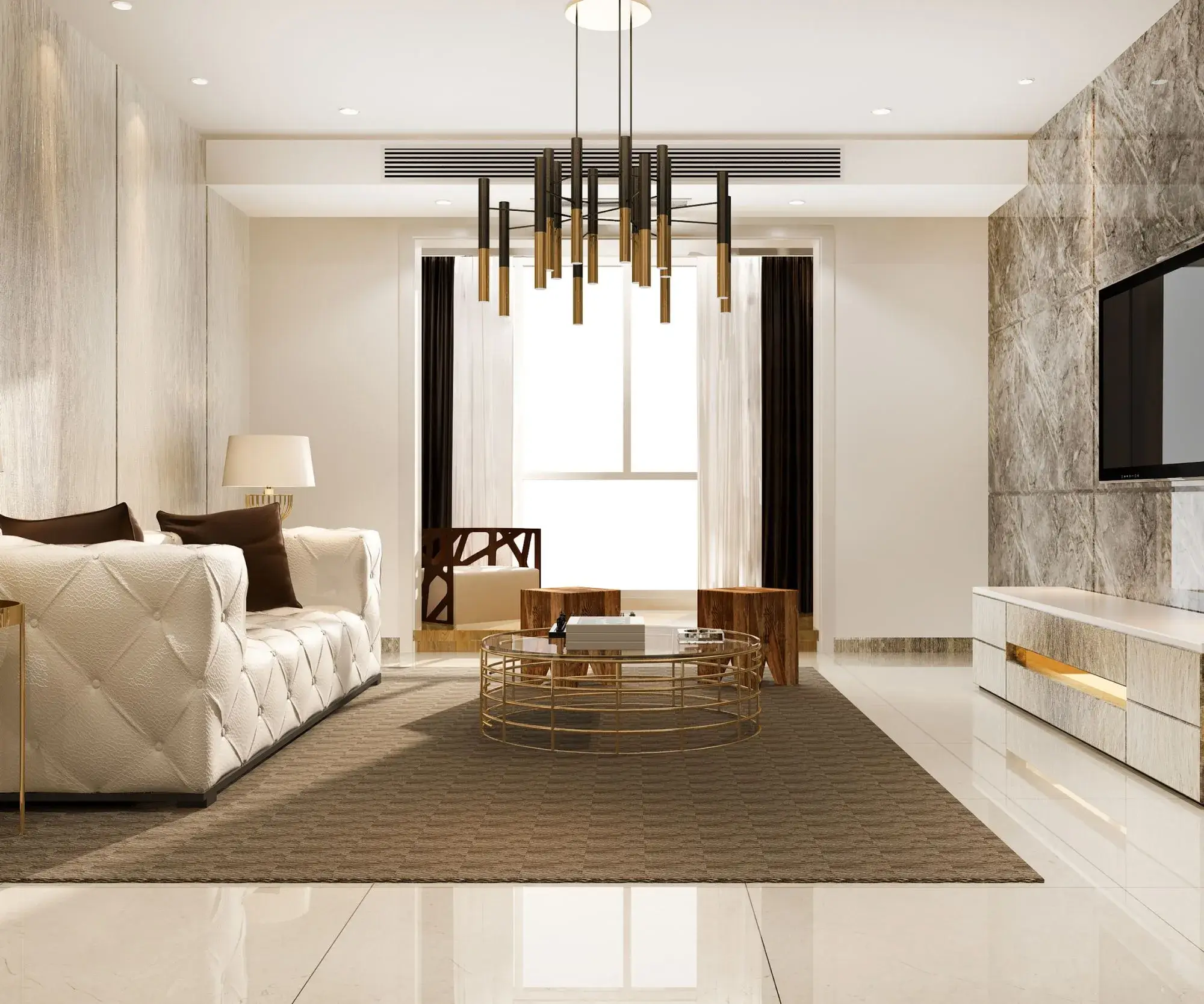 Contemporary living room with a tufted white sofa, sculptural chandelier, and stone feature wall