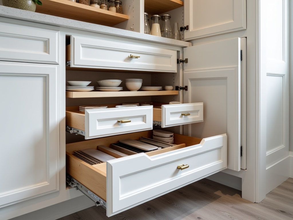 White pantry cabinets with open pull-out drawers, dish storage, and adjustable shelving.