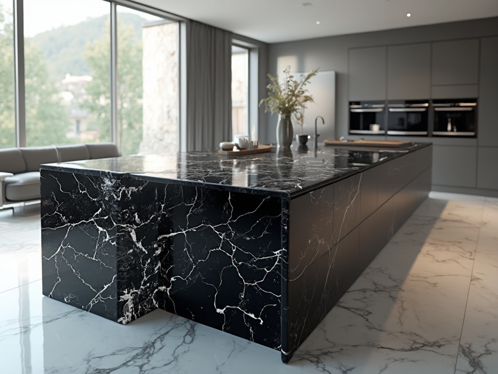Kitchen with gray cabinetry, a black veined waterfall island, and large windows.