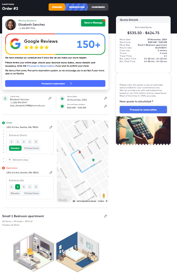 orange square movers customer's account page