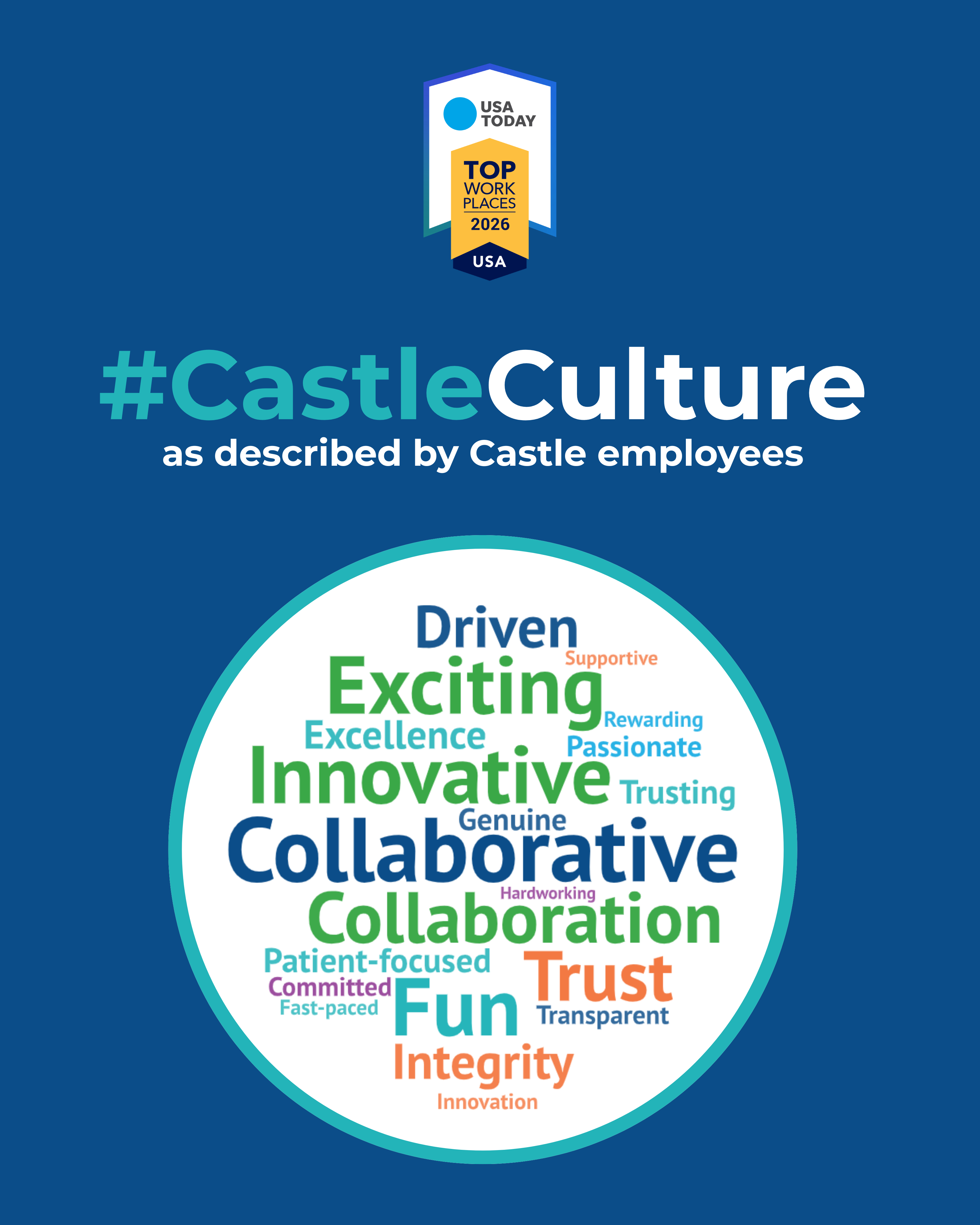 Word cloud of Castle Culture with words like collaborative, innovative, exciting, trust, fun, and integrity.