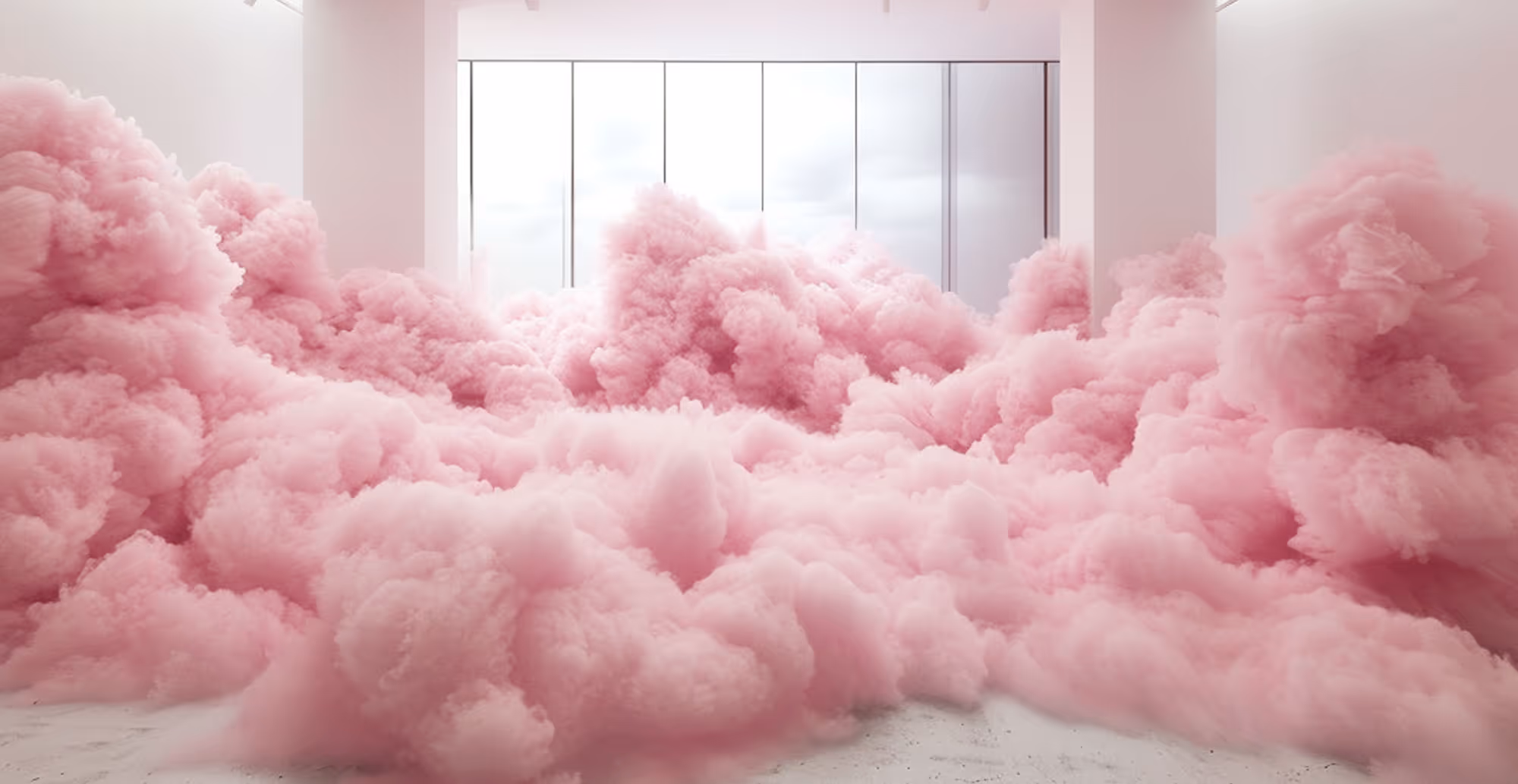 Room filled with billowing soft pink clouds or smoke covering the floor and rising to the windows.