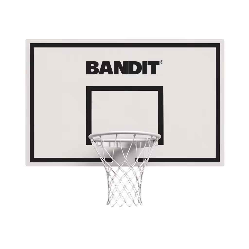 White basketball backboard with black trim and net, labeled BANDIT at top center.