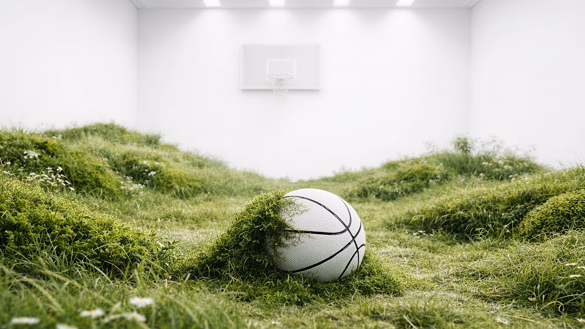 White basketball partially covered with grass inside a white indoor court with grass-covered floor.