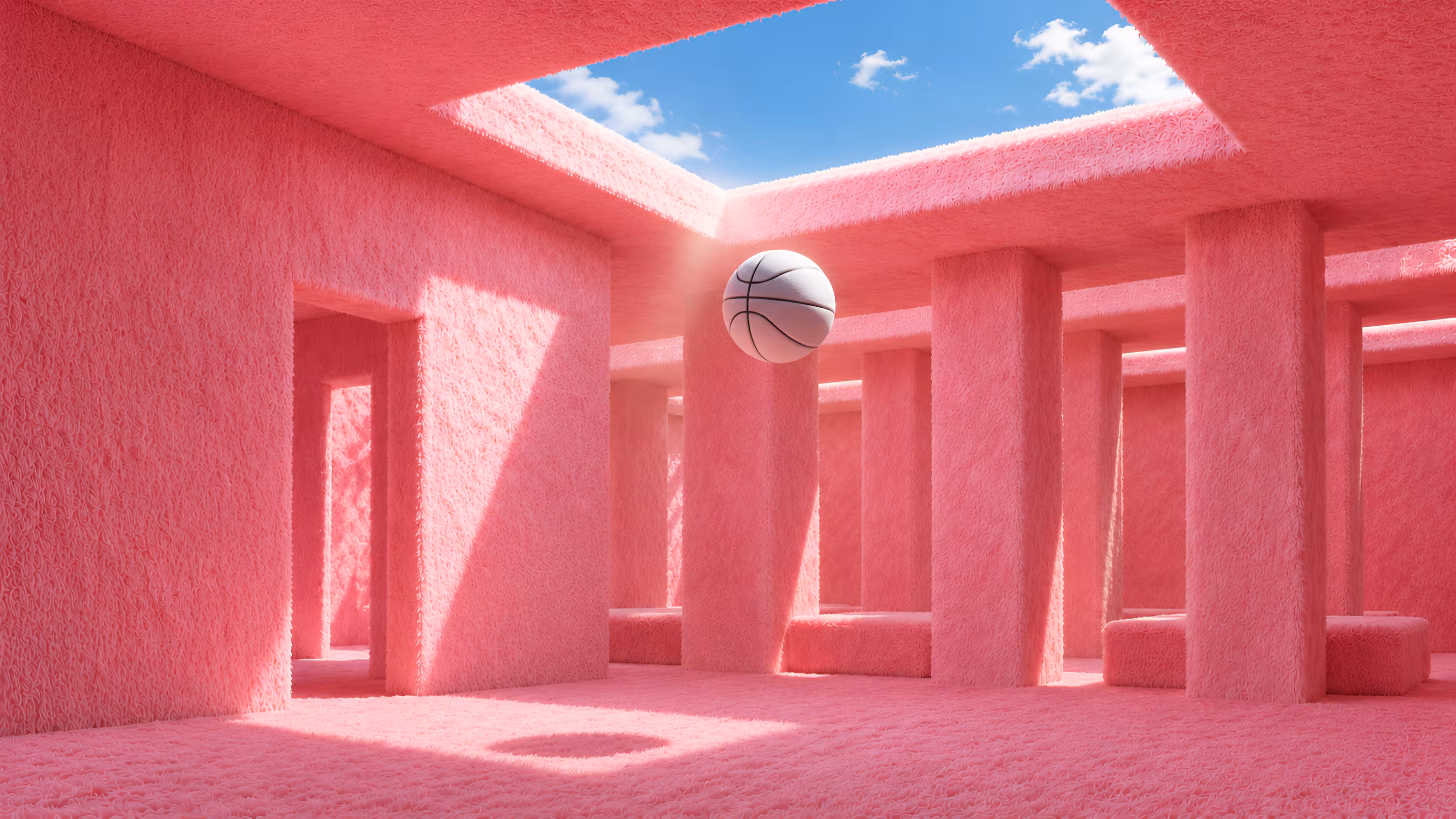 White basketball floating inside a pink fuzzy room with columns and an open ceiling to blue sky.