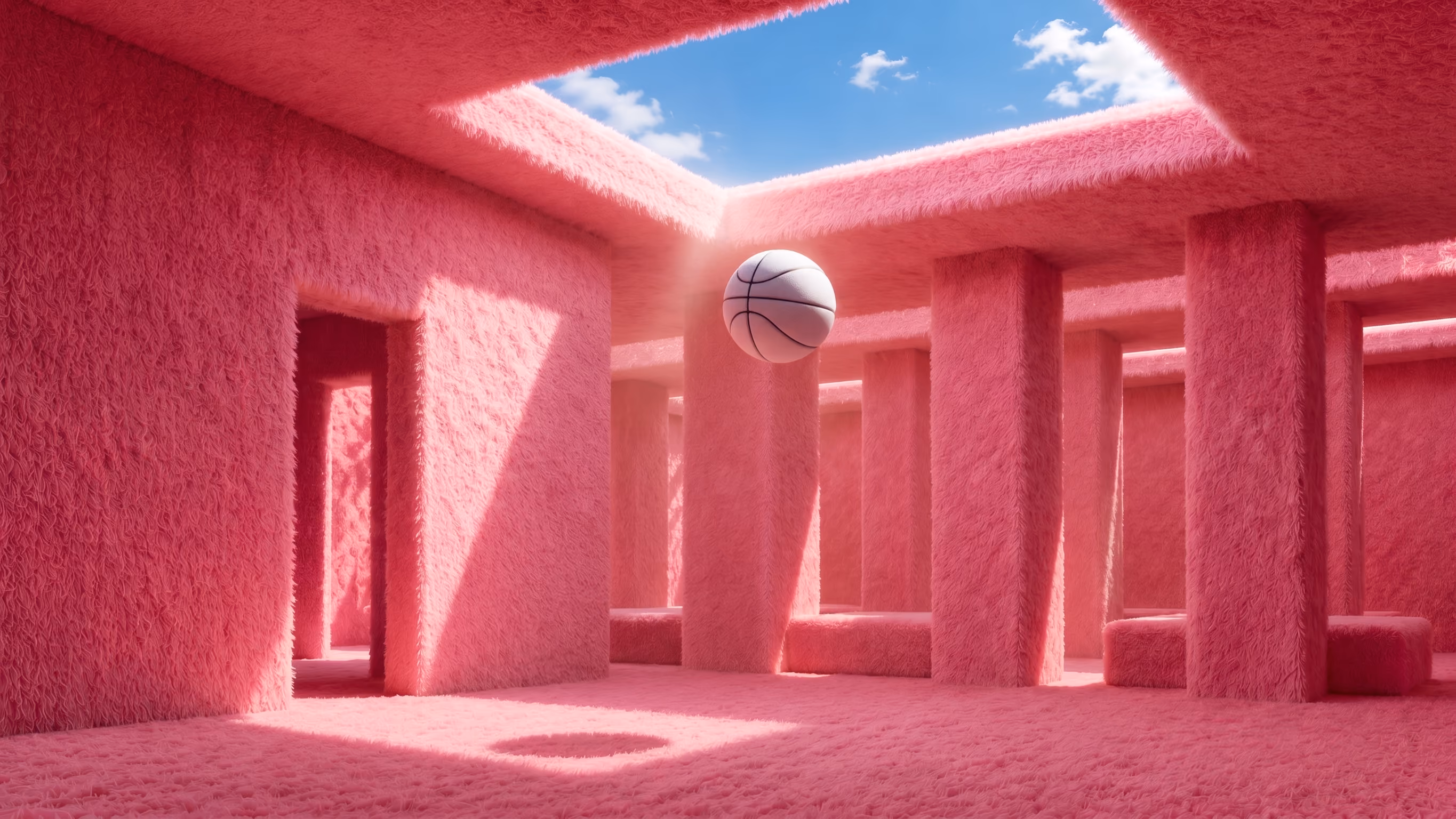 A basketball floating inside a surreal room covered entirely in pink fluffy material with multiple rectangular openings and columns, under an open sky.