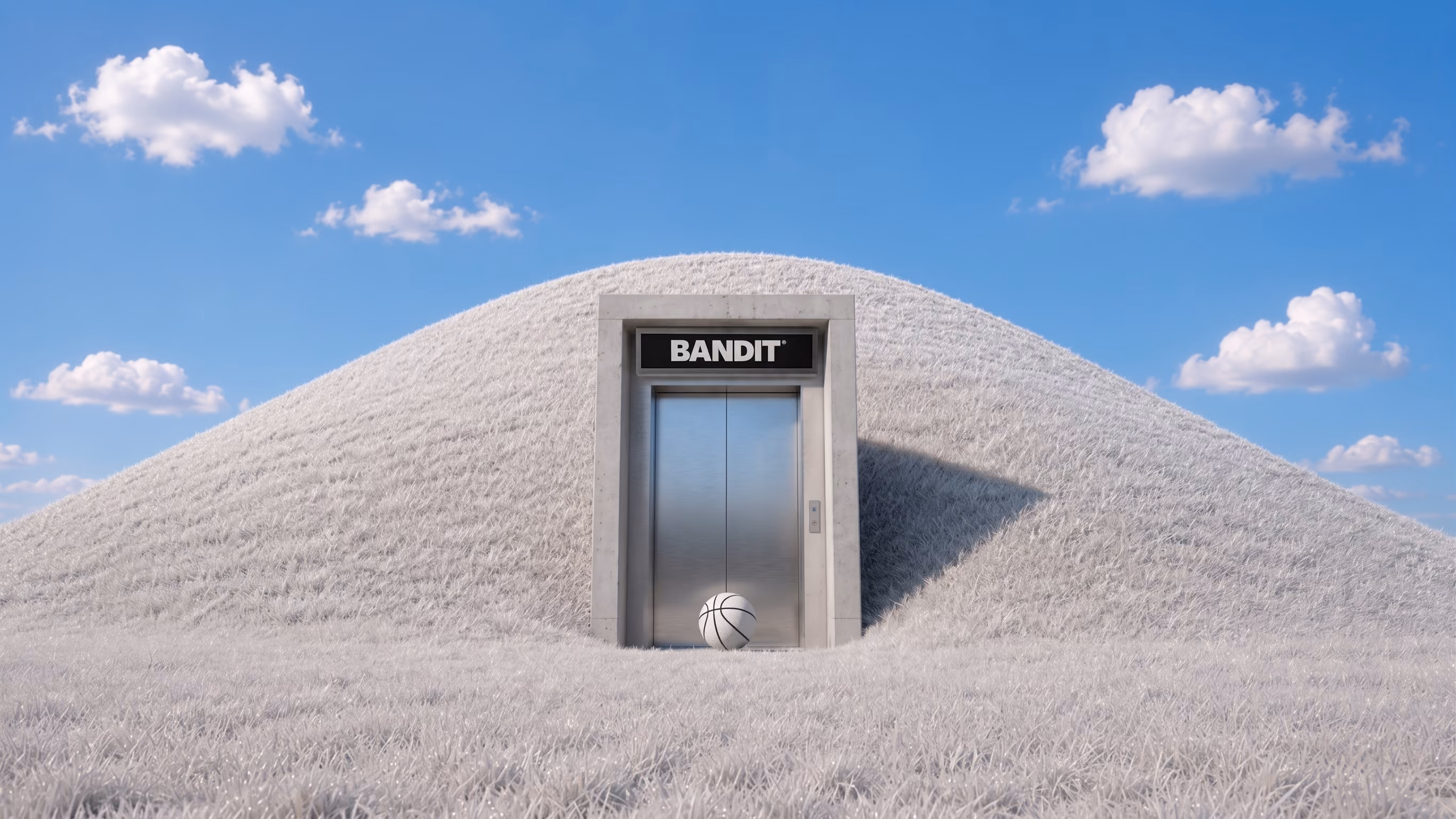 An elevator with closed metallic doors is set into a grassy hill under a blue sky with scattered white clouds, labeled with the word BANDIT above the door, and a white basketball with black lines resting in front of it.