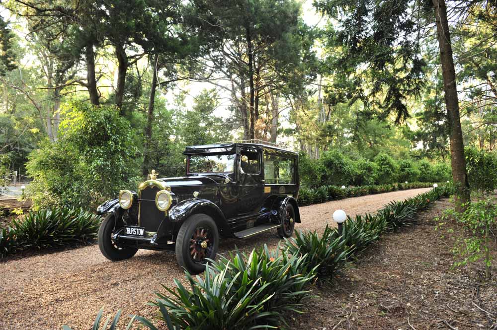 Vintage hearse on a winding path through trees.