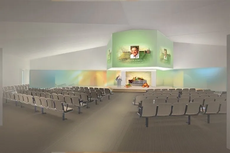 Church interior, detailed altar, empty seating.