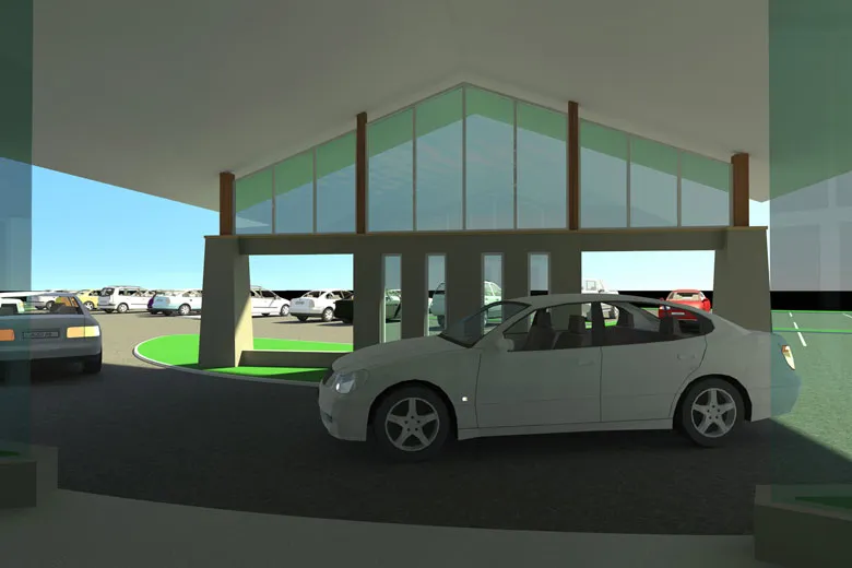 White car under modern building's entrance.