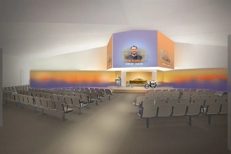 Church interior, glowing altar, empty wooden pews.