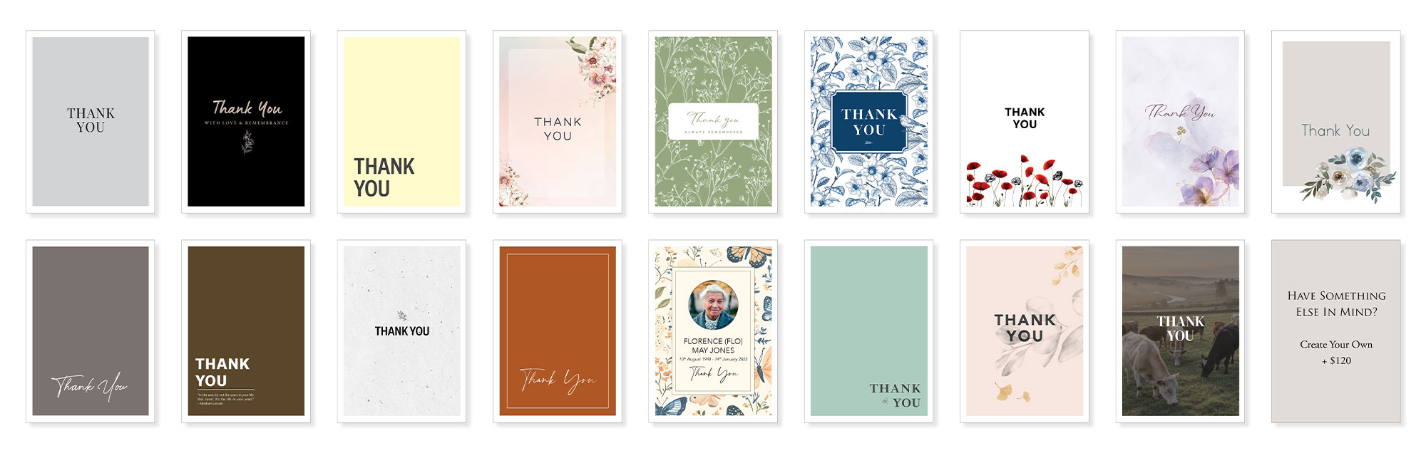 Introduce a comprehensive collection of memorial "Thank You" cards, designed to coordinate with the service programs previously viewed