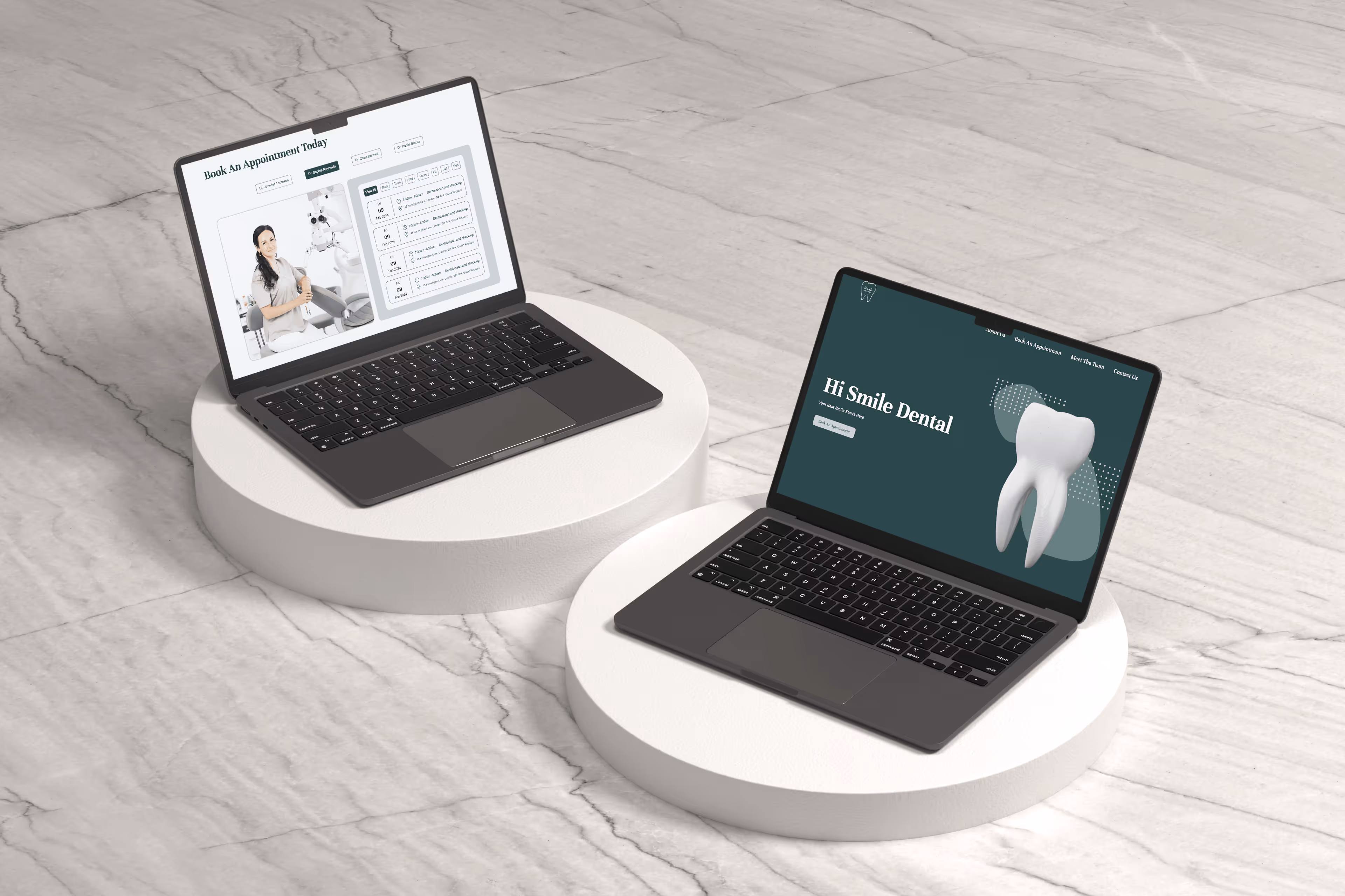 Two laptops on round white pedestals placed on a marble floor — the left screen shows a wellness or personal training platform with a female model and clean layout; the right screen displays a modern dental website featuring a 3D tooth model and dark green theme.