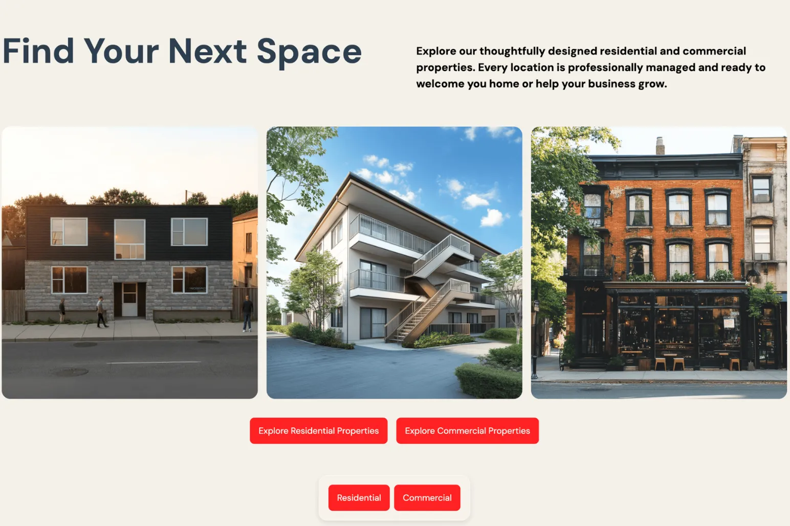 Momentum Living property listings page showing Winnipeg rental apartments