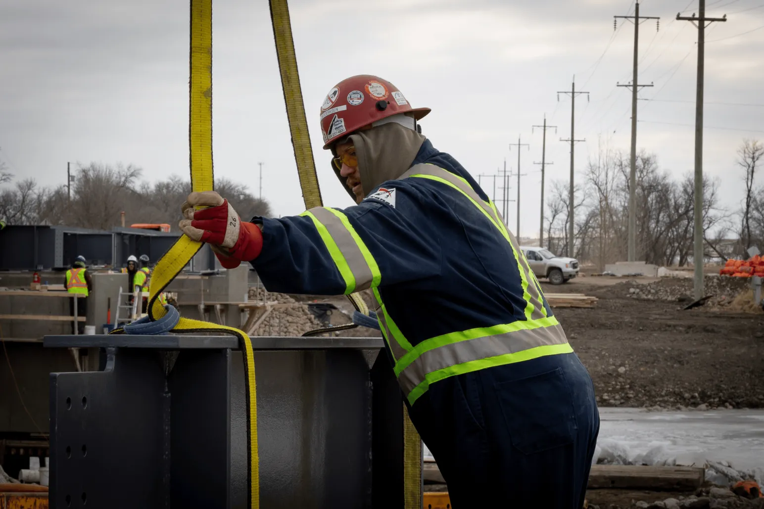 Heavy crane equipment on MD Steele bridge construction site in Melita