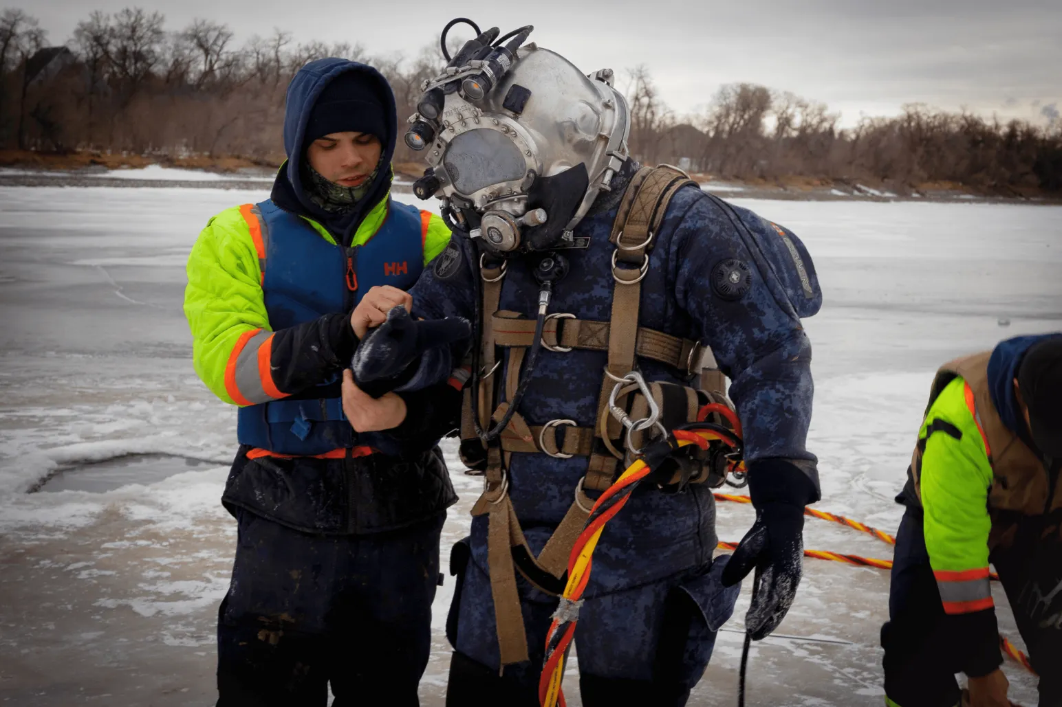 Dominion Divers crew enduring extreme cold during ice diving operation