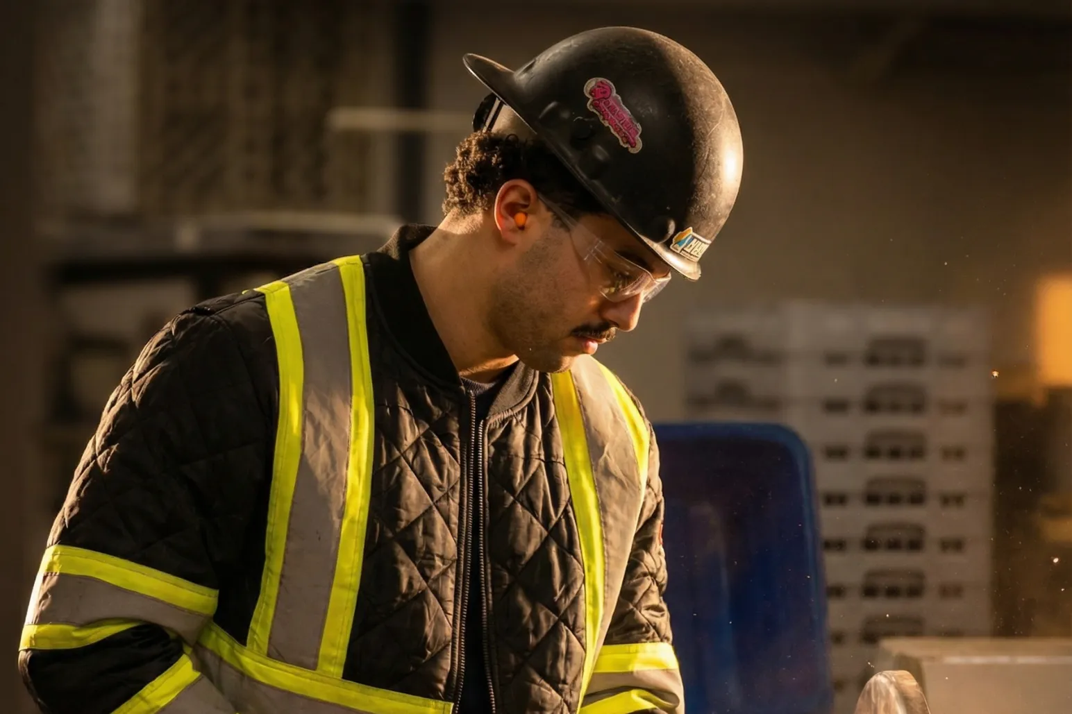 Construction worker wearing reflective safety vest during evening shift