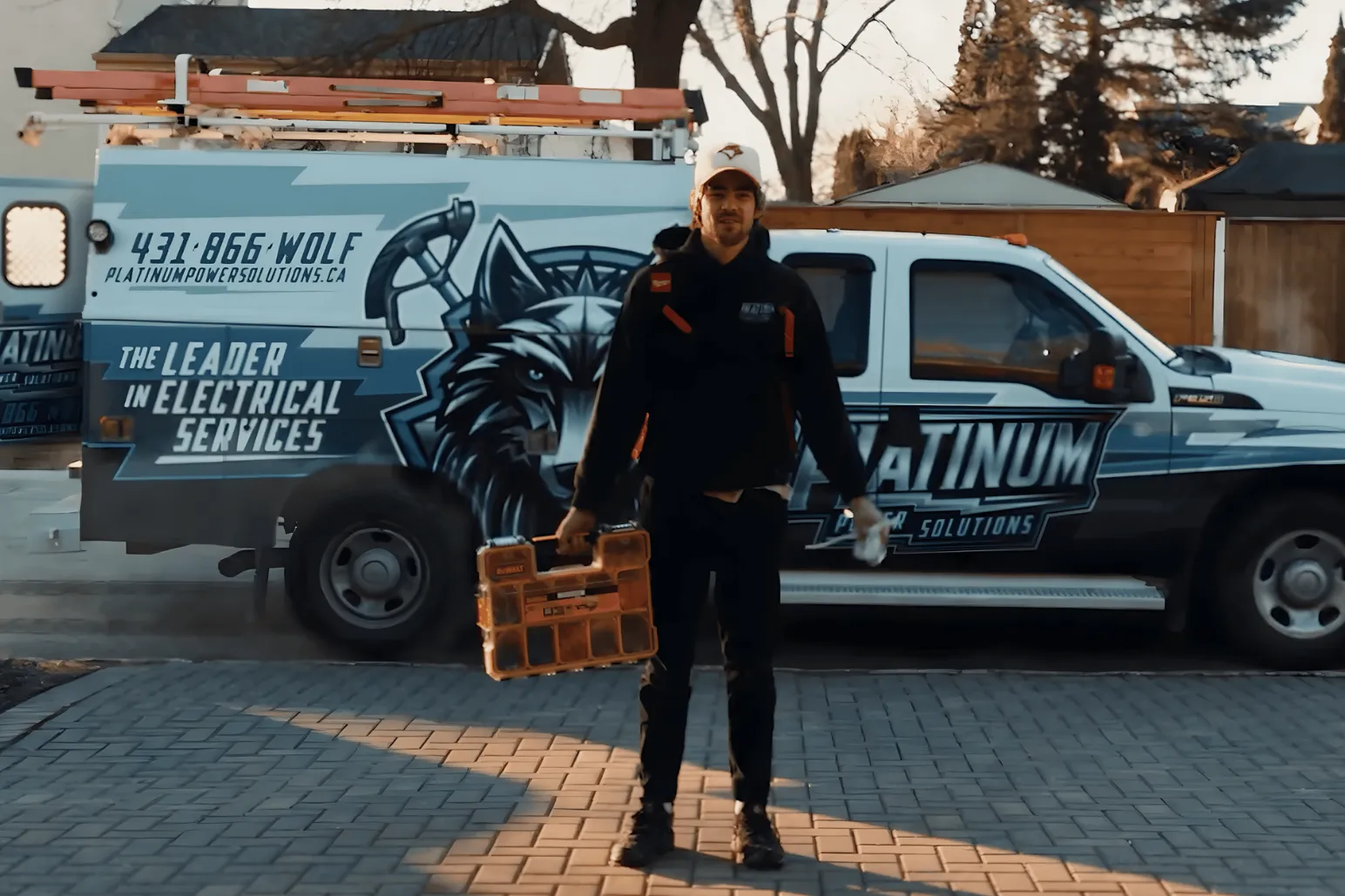 Platinum Power Solutions electrician with branded service van in Winnipeg Manitoba
