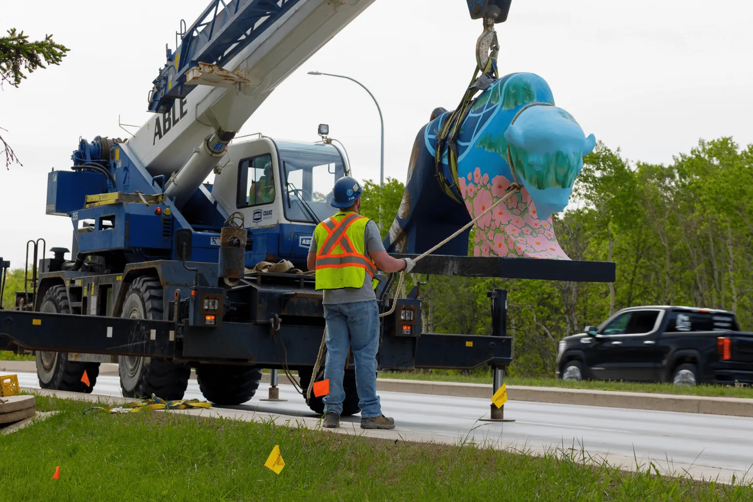 Painted bison sculpture suspended by crane during community art installation