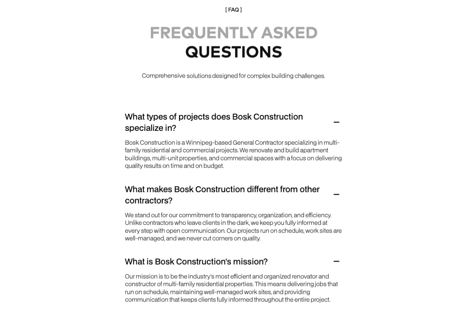Frequently Asked Question section on Bosk Construction's new website