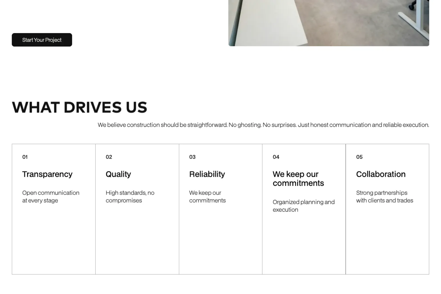 Value page for a new construction company's website