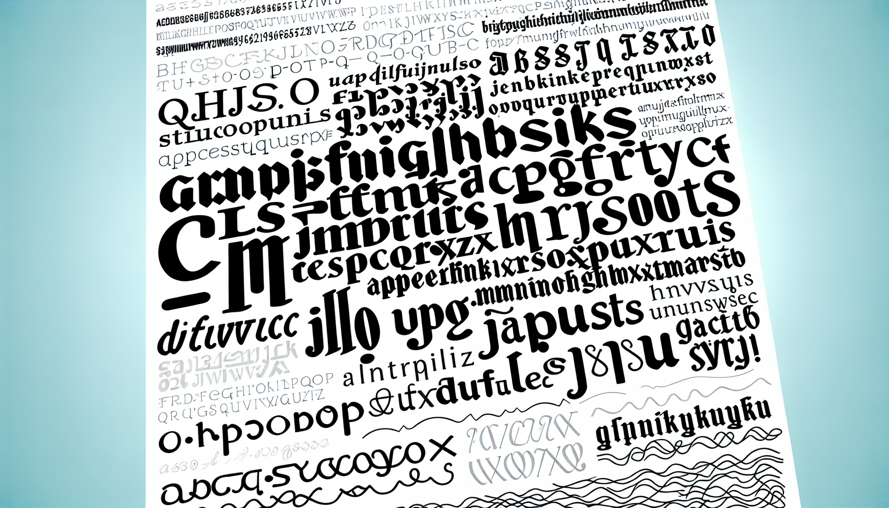 Various typography styles and fonts on a white background