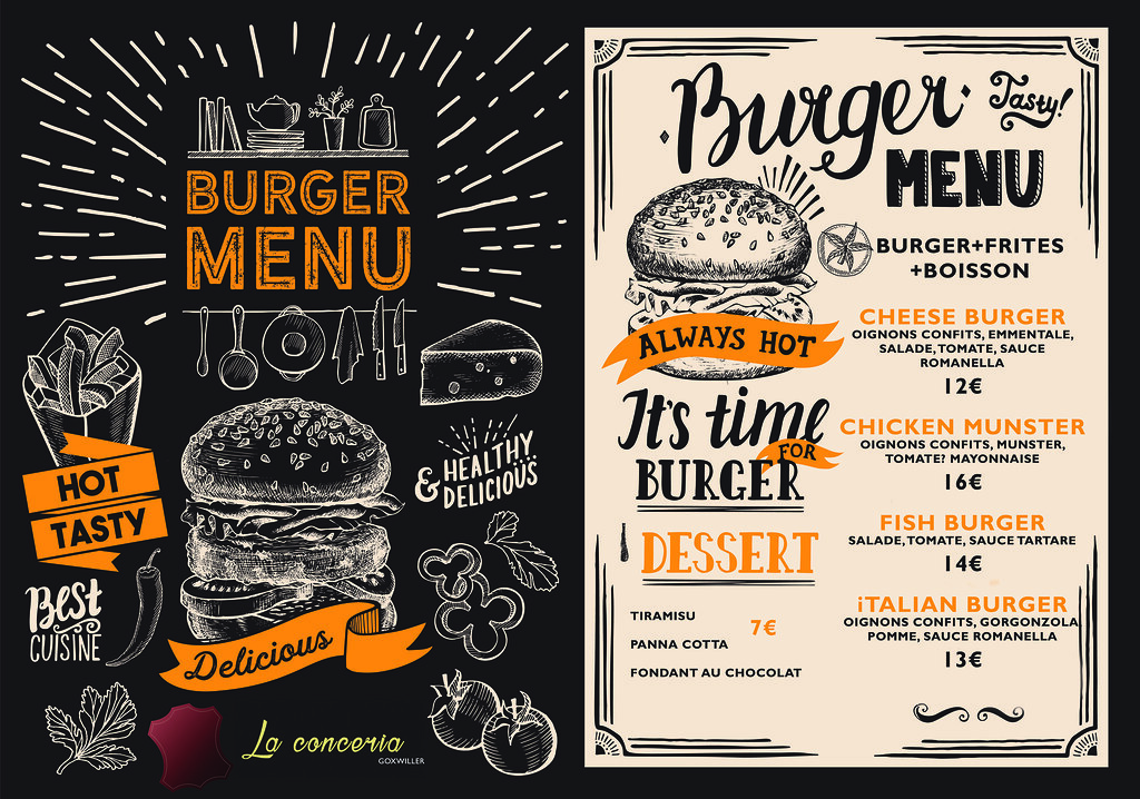 Burger restaurant menu. Food flyer on blackboard backgroun… | Flickr