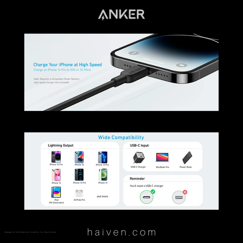 Anker 322 Cable A81B5H11 USB-C to Lightning 3ft Braided Black