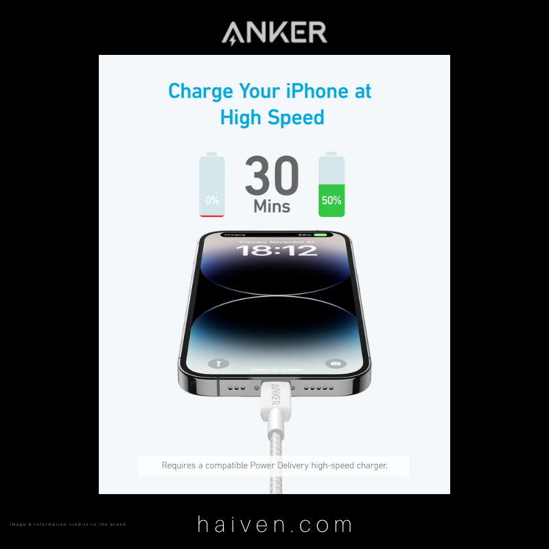 Anker 322 Cable A81B5H21 USB-C to Lightning 3ft Braided White