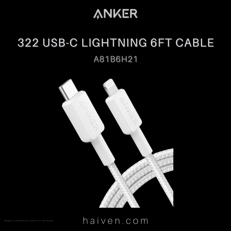 Anker 322 Cable A81B6H21 USB-C to Lightning 6ft Braided White