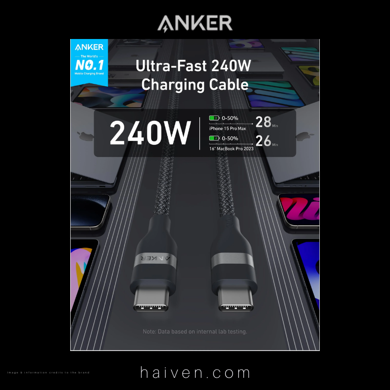 Anker Cable A82E2H12 USB-C to USB-C 6ft 240W Upcycled-Braided Black