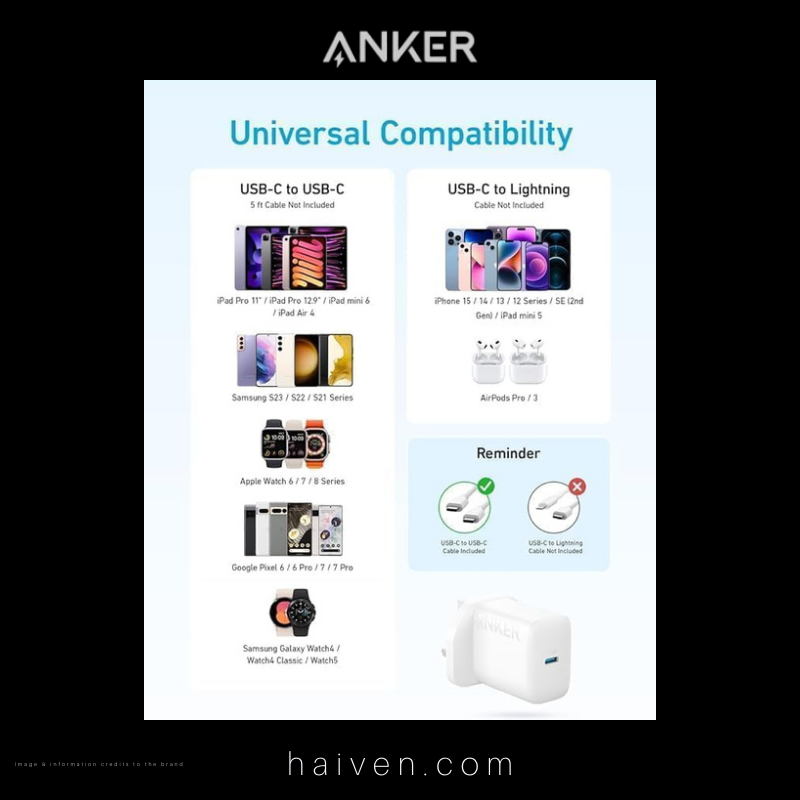 Anker Charger B2347K21 20W with USB-C Cable White