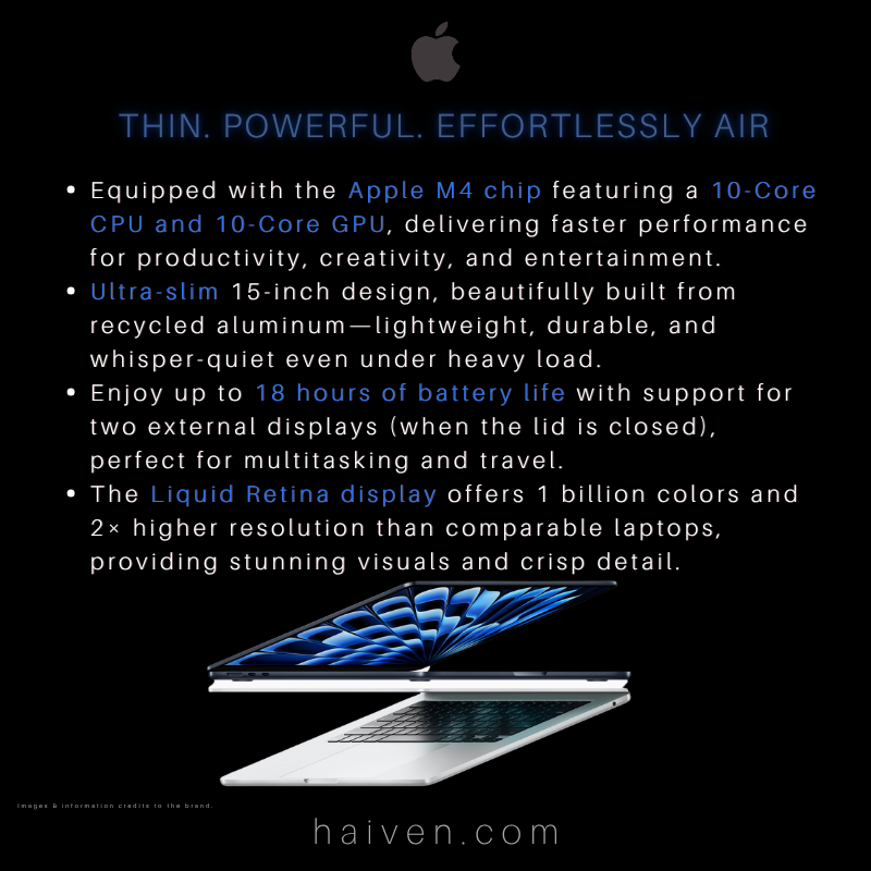 Apple MacBook Air 15-Inch M4 10-Core CPU 10-Core GPU 16GB RAM 256GB SSD