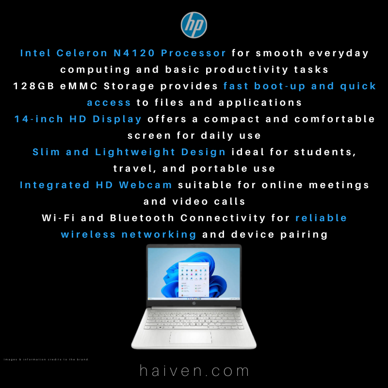 HP 14 dq760dx Cel N4120/4GB/128GB/NO DVDRW/WIFI/CAM/BT/14"/WIN-11-SILVER