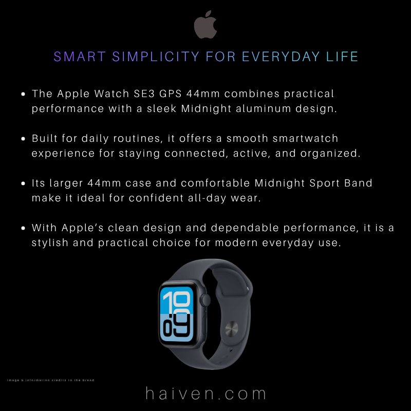 Apple Watch SE3 GPS 44mm MEHQ4 LW/A with Midnight Aluminum Case and Midnight Sport Band M/L